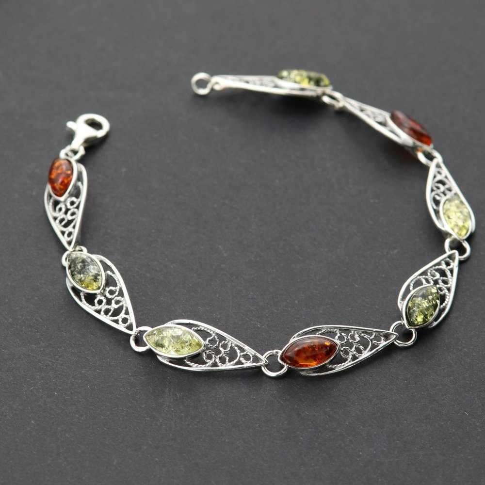 Sterling silver and natural Baltic amber link bracelet - Picture 6 of 13